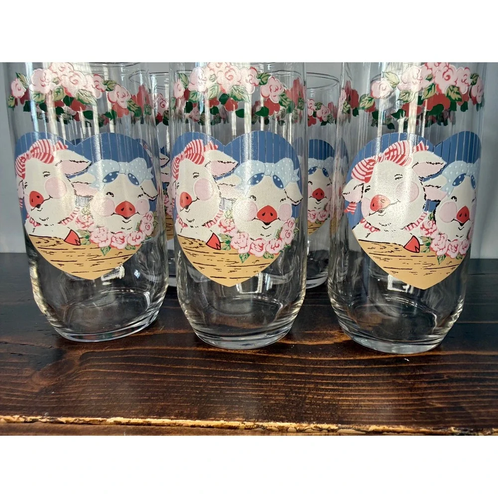 VTG Tienshan Anchor Hocking Pig Pal Glasses Set of 8 Country Tumblers 12oz